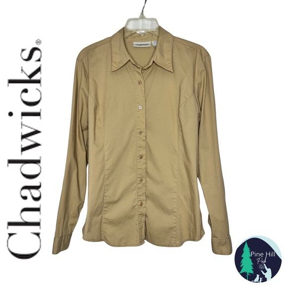 Vintage Chadwicks Button-up Shirt Womens Large Beige Long Sleeve Fitted Stretch - Picture 1 of 5